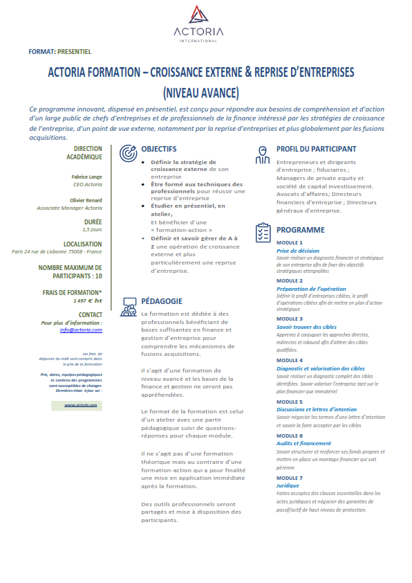 Recevez un dossier de candidature pour la formation Croissance Externe et Reprise d’Entreprise, transmission d'entreprises en France